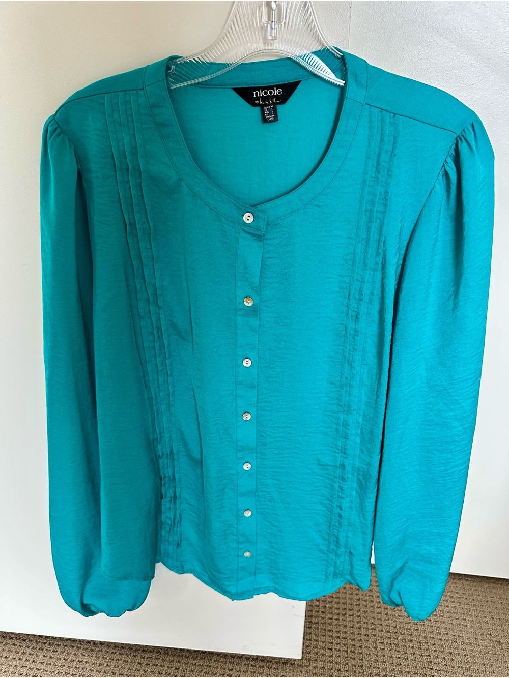 Nicole Teal Button-Front Pintuck Blouse